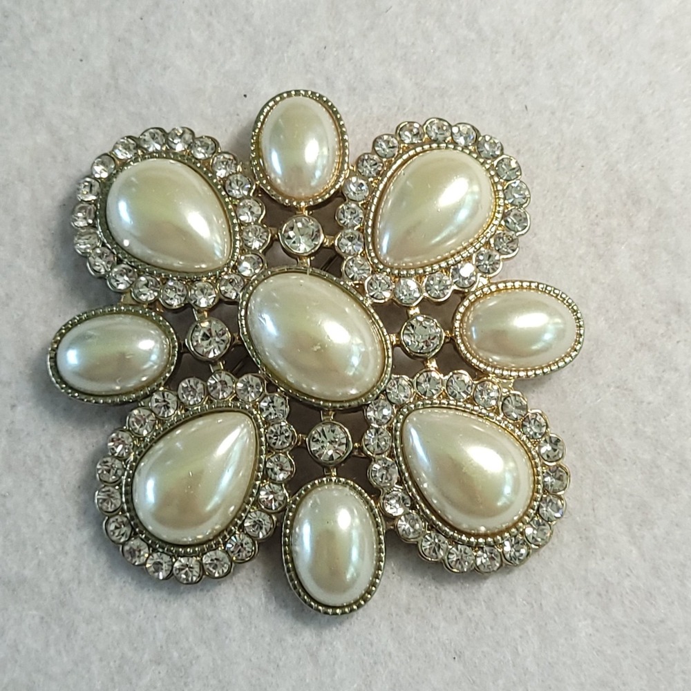 Faux Pearl Rhinestone Brooch 2.73" Gold Tone Bridal Maximalist Statement Pin